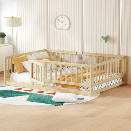 Full Pine Montessori Floor Bed With Fence Full - Omega Lifestyles