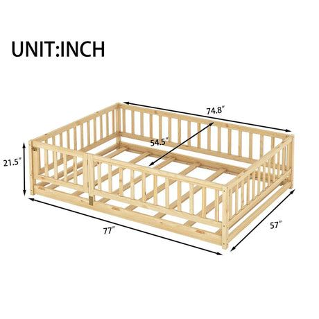 Full Pine Montessori Floor Bed With Fence Full - Omega Lifestyles