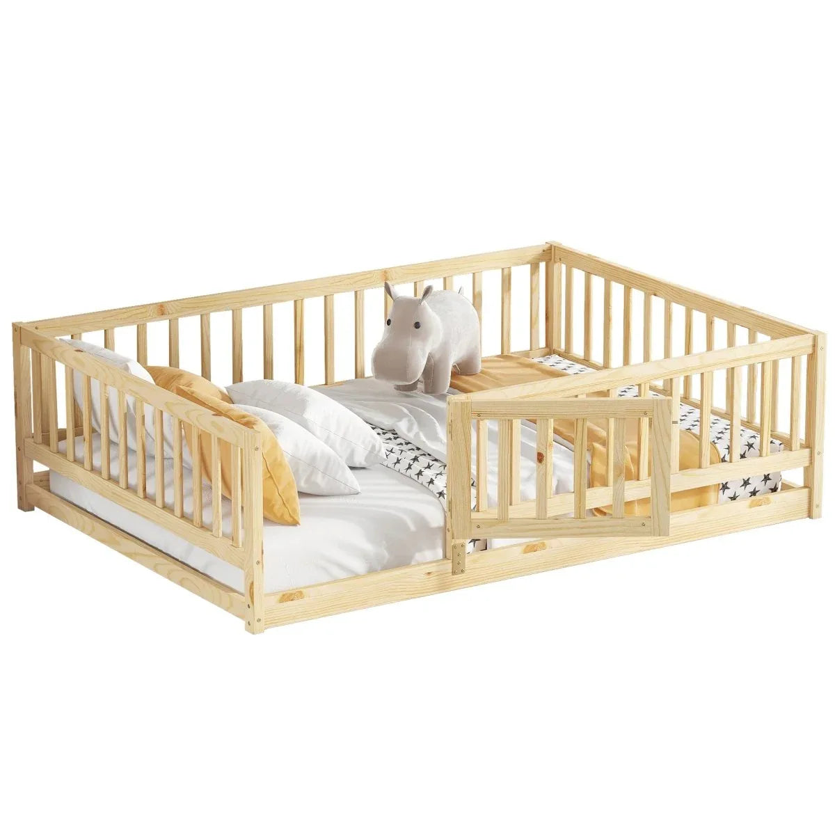 Full Pine Montessori Floor Bed With Fence Full - Omega Lifestyles