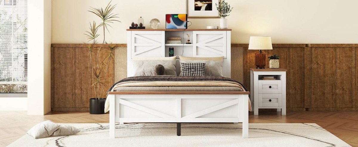 Full Platform Bed With Double Sliding Barn Door Charging Station - Blissora - Omega Lifestyles