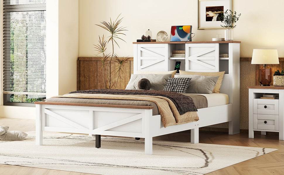 Full Platform Bed With Double Sliding Barn Door Charging Station - Blissora - Omega Lifestyles