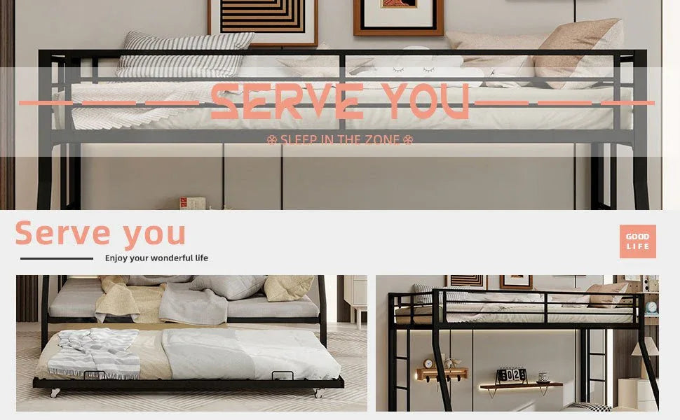 Full Size High-Strength Square Tube Iron Bunk Bed With Trundle - Omega Lifestyles
