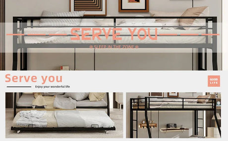 Full Size High-Strength Square Tube Iron Bunk Bed With Trundle - Omega Lifestyles