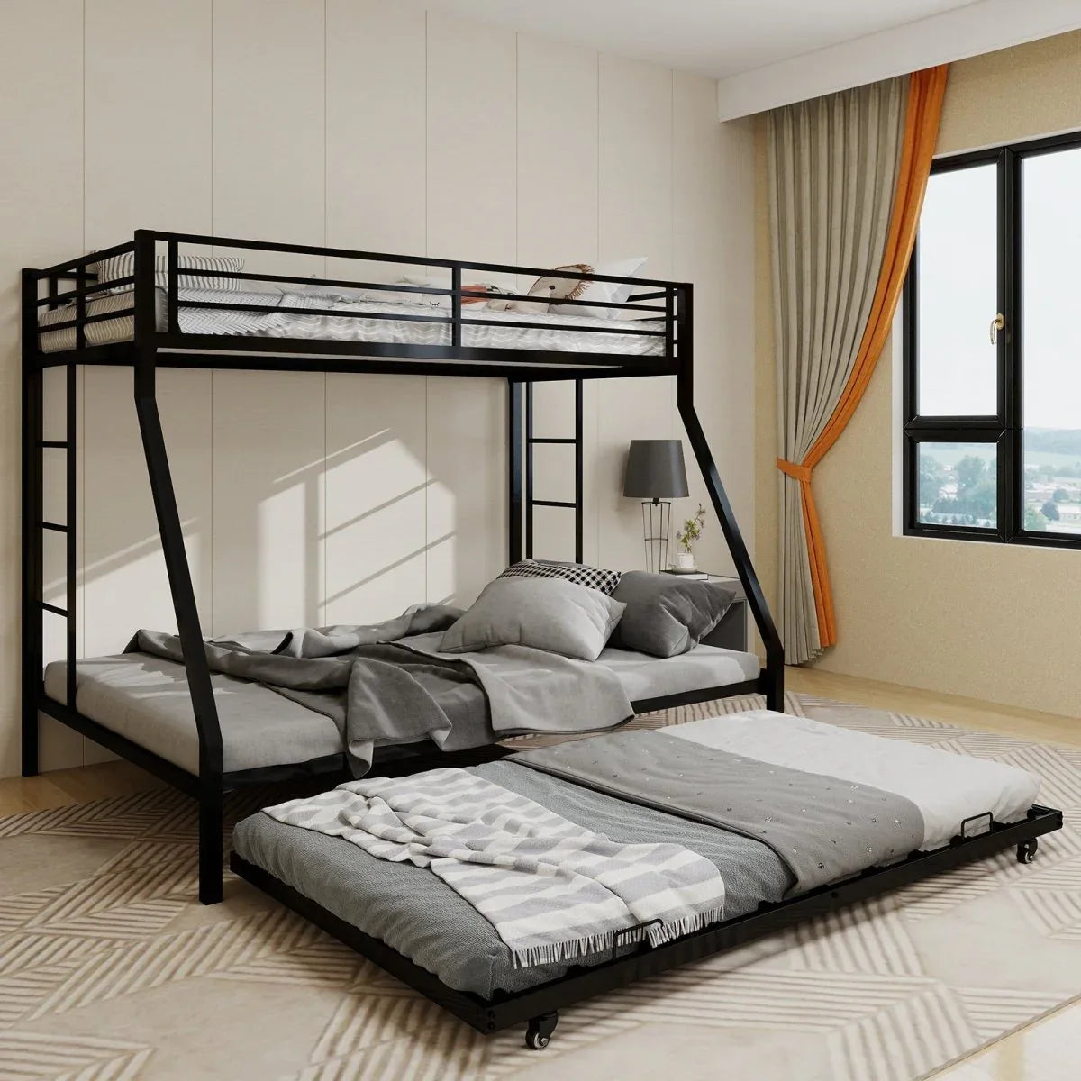 Full Size High-Strength Square Tube Iron Bunk Bed With Trundle - Omega Lifestyles