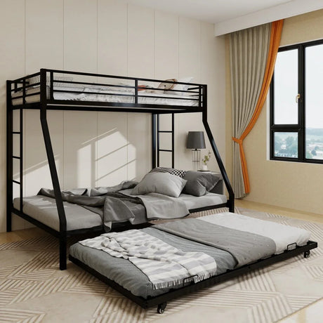 Full Size High-Strength Square Tube Iron Bunk Bed With Trundle - Omega Lifestyles