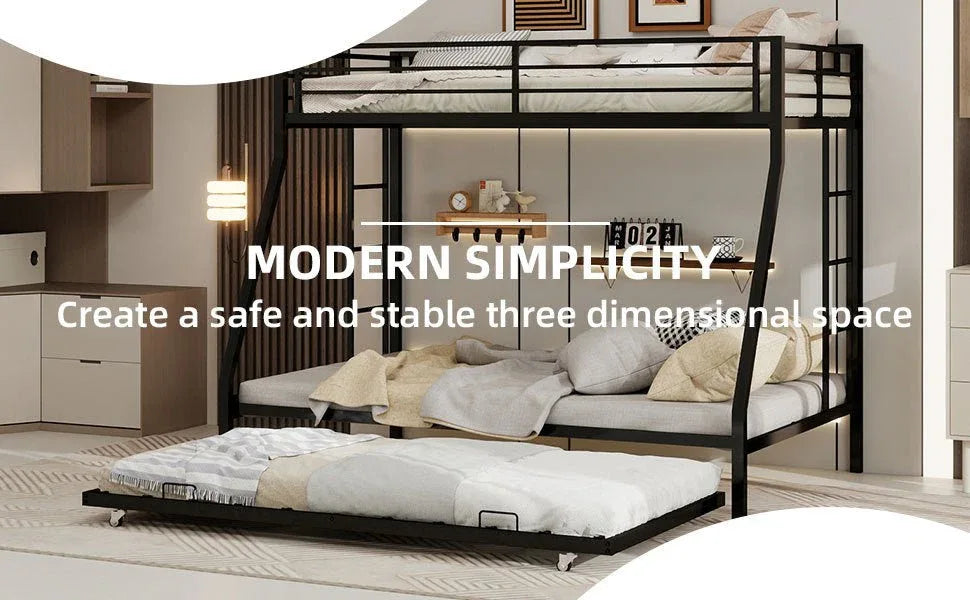 Full Size High-Strength Square Tube Iron Bunk Bed With Trundle - Omega Lifestyles