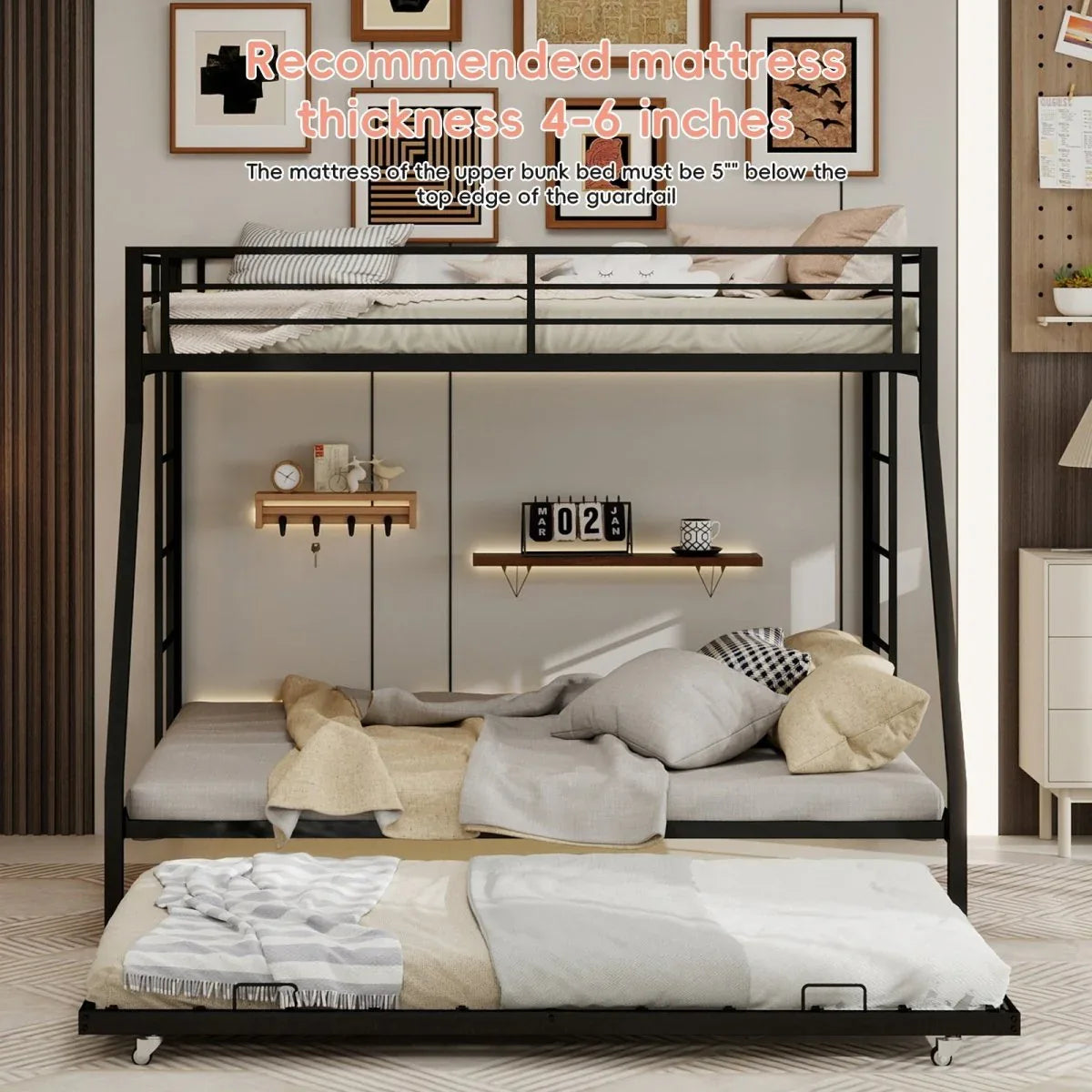 Full Size High-Strength Square Tube Iron Bunk Bed With Trundle - Omega Lifestyles