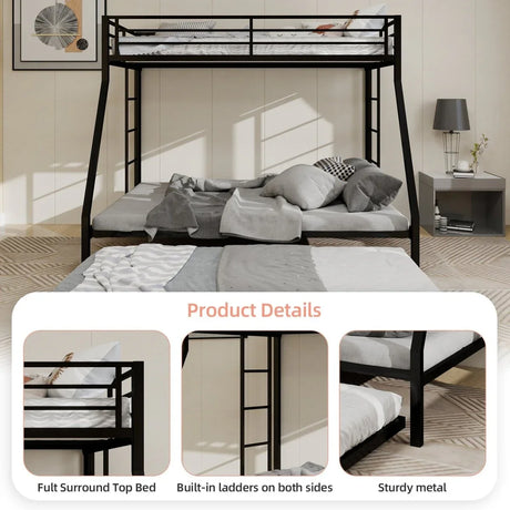 Full Size High-Strength Square Tube Iron Bunk Bed With Trundle - Omega Lifestyles