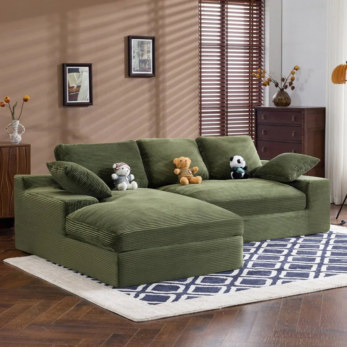 Green Corduroy Foam Compressed 4-Seat Sofa With Pillows - Omega Lifestyles