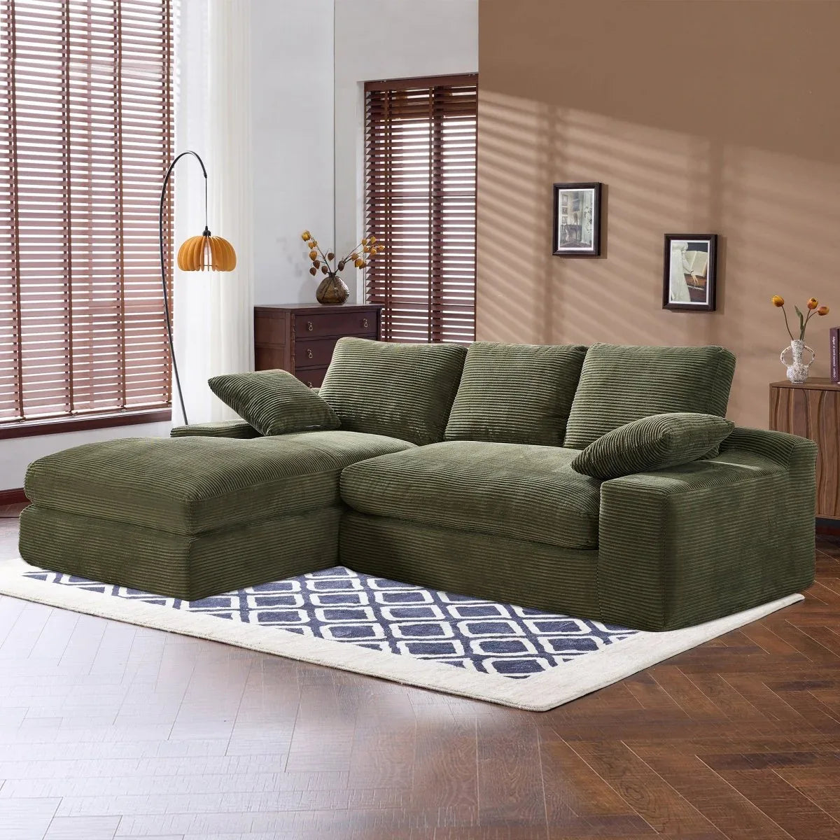 Green Corduroy Foam Compressed 4-Seat Sofa With Pillows - Omega Lifestyles