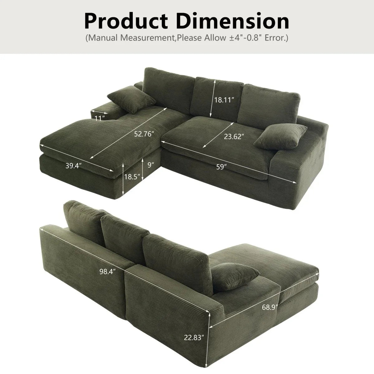 Green Corduroy Foam Compressed 4-Seat Sofa With Pillows - Omega Lifestyles