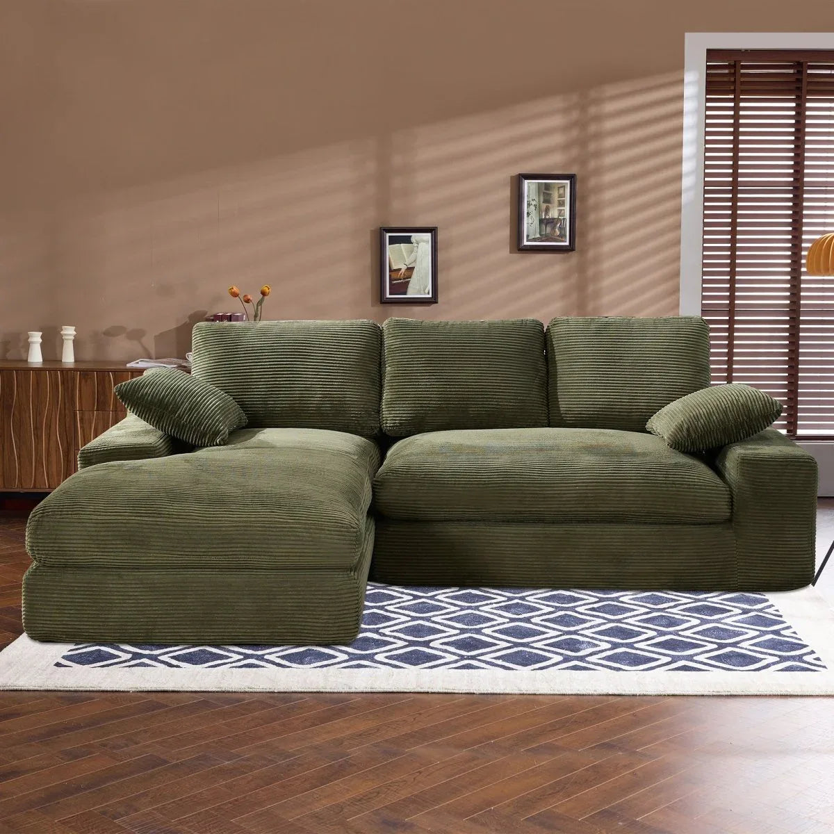 Green Corduroy Foam Compressed 4-Seat Sofa With Pillows - Omega Lifestyles