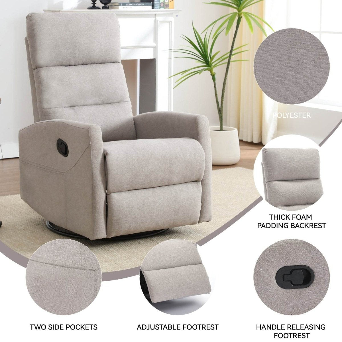 Manual Fabric Recliner Chair Grey With Swivel Rocker - Blissora - Omega Lifestyles