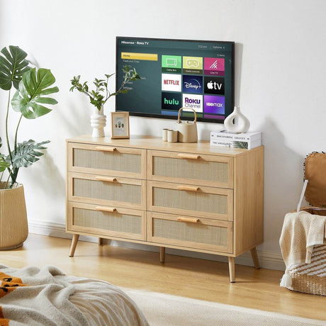 Natural 6-Drawer Rattan Cabinet Dresser With Storage - Sleep Galleria