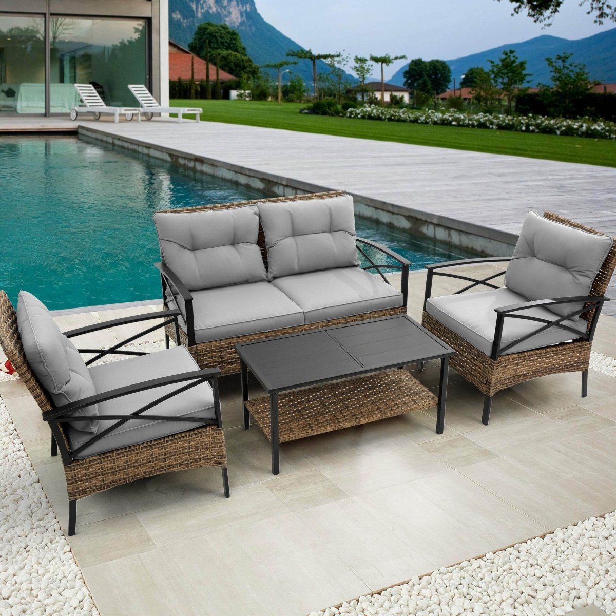 Patio 4 - Piece Grey Steel Outdoor Dining Sofa Set - Blissora - Omega Lifestyles