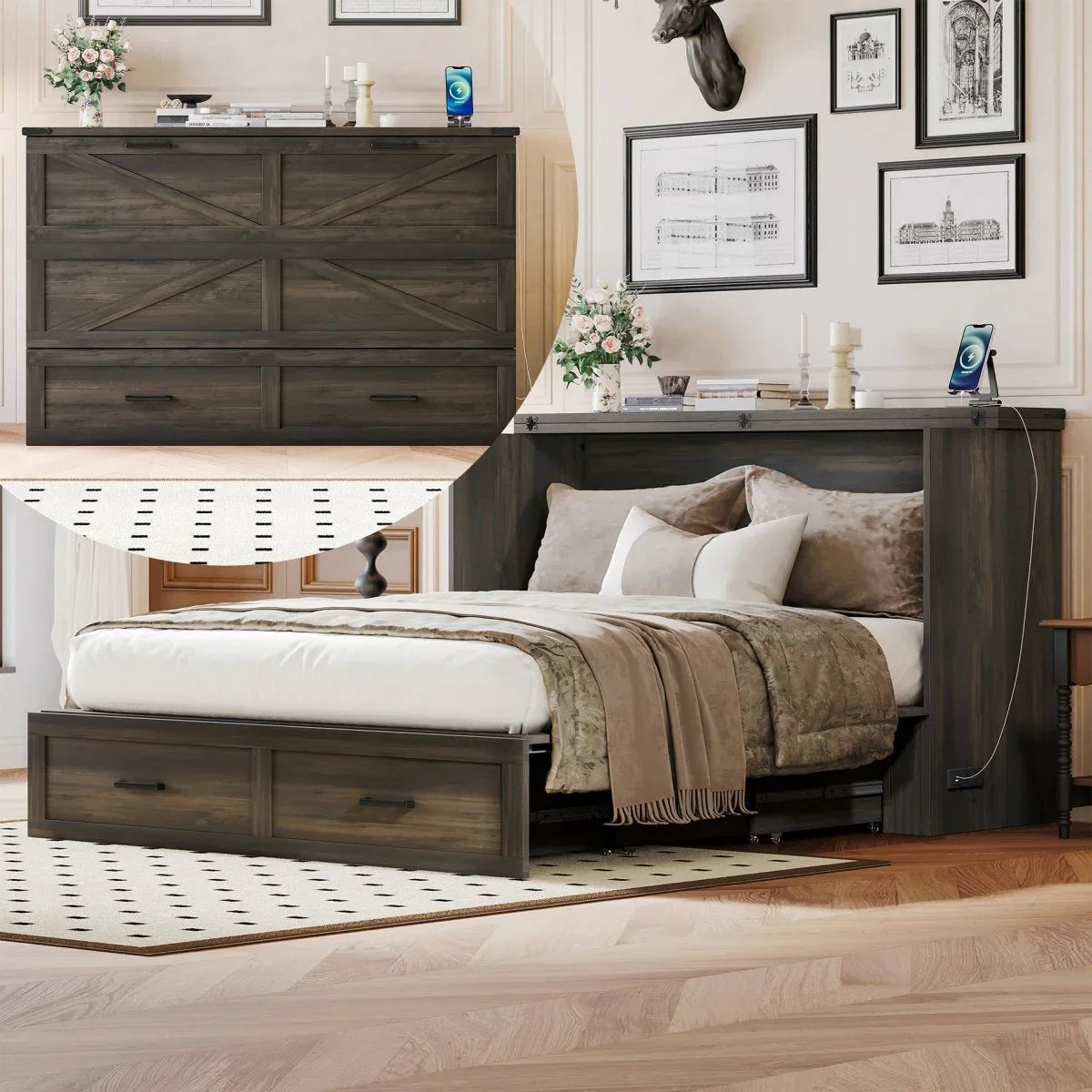 Queen Farmhouse Murphy Cabinet Bed With Charging Station - Omega Lifestyles