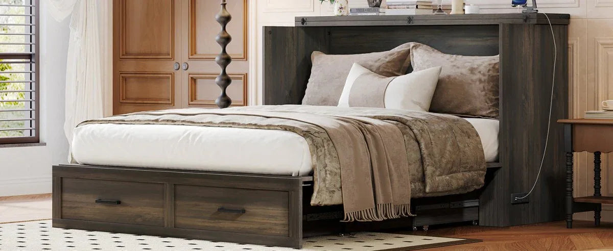 Queen Farmhouse Murphy Cabinet Bed With Charging Station - Omega Lifestyles
