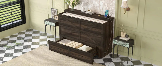 Queen Farmhouse Murphy Cabinet Bed With Charging Station - Omega Lifestyles