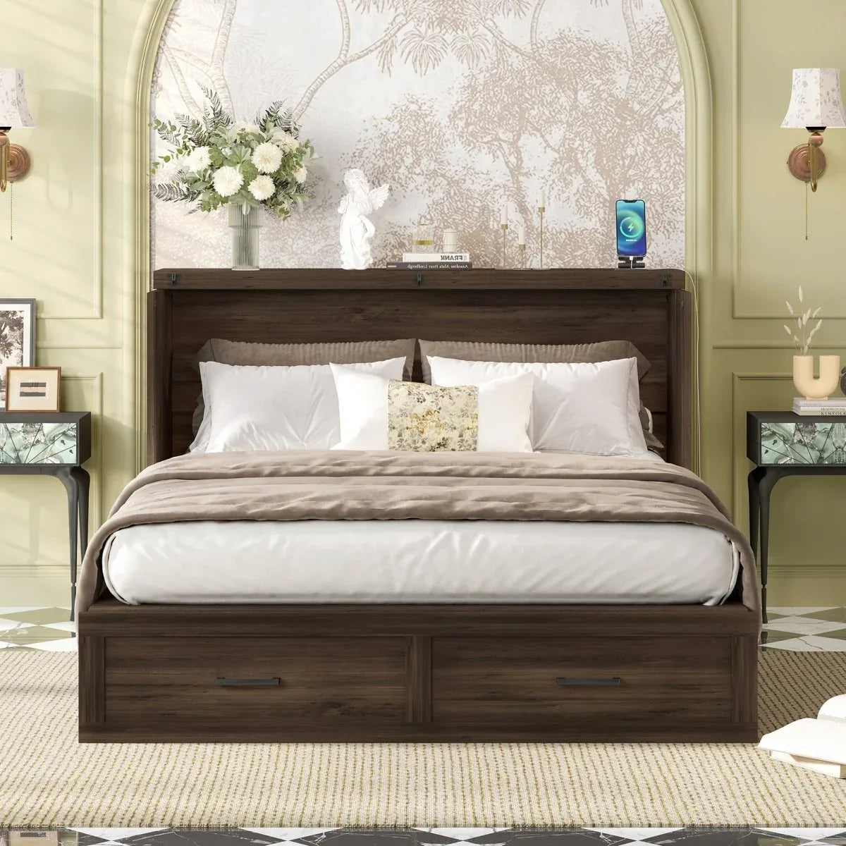 Queen Farmhouse Murphy Cabinet Bed With Charging Station - Omega Lifestyles
