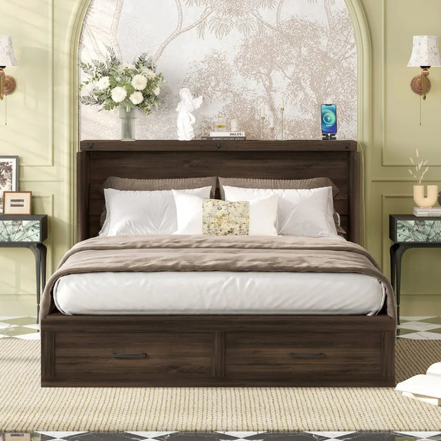 Queen Farmhouse Murphy Cabinet Bed With Charging Station - Omega Lifestyles