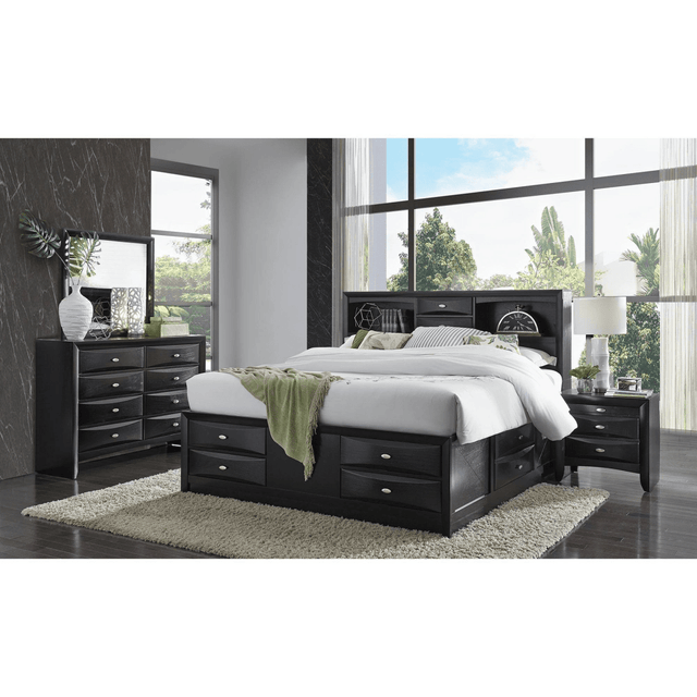 Queen Modern Wood Bookcase Bed Frame With Storage Drawers - Omega Lifestyles