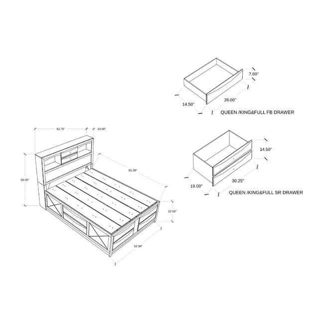 Queen Modern Wood Bookcase Bed Frame With Storage Drawers - Omega Lifestyles
