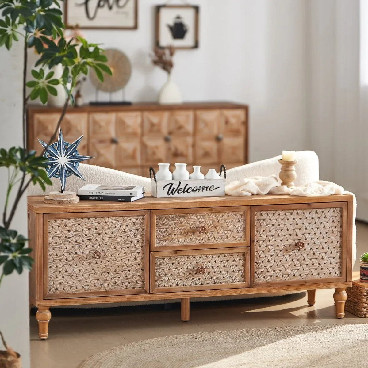 Rattan Mid Century Wood TV Stand With Storage - Omega Lifestyles