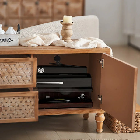 Rattan Mid Century Wood TV Stand With Storage - Omega Lifestyles