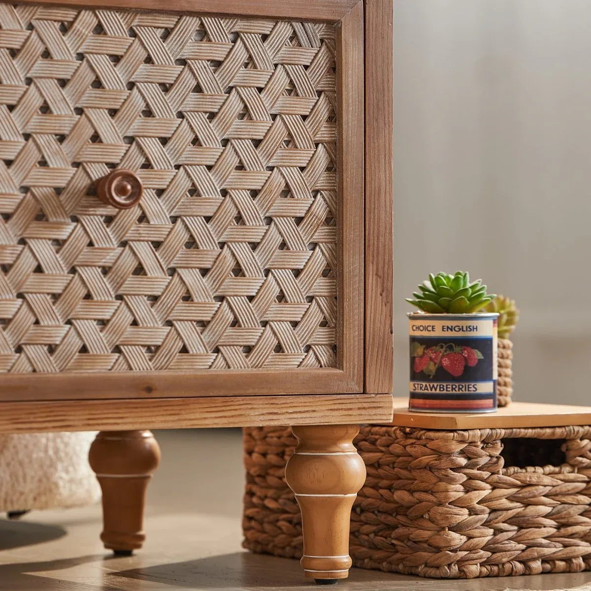 Rattan Mid Century Wood TV Stand With Storage - Omega Lifestyles