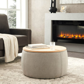Round Linen Upholstered Storage Ottoman With Removable Top - Omega Lifestyles