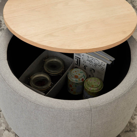 Round Linen Upholstered Storage Ottoman With Removable Top - Sleep Galleria