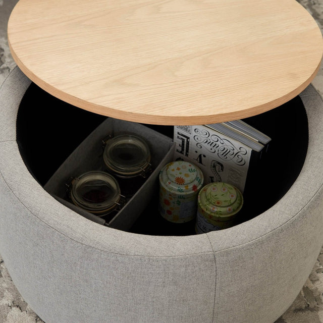 Round Linen Upholstered Storage Ottoman With Removable Top - Omega Lifestyles