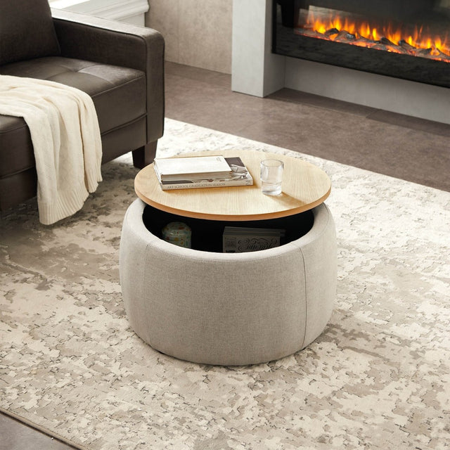 Round Linen Upholstered Storage Ottoman With Removable Top - Omega Lifestyles