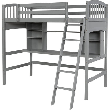 Twin Solid Wood Loft Bed With Desk and Storage Shelves - Blissora - Omega Lifestyles