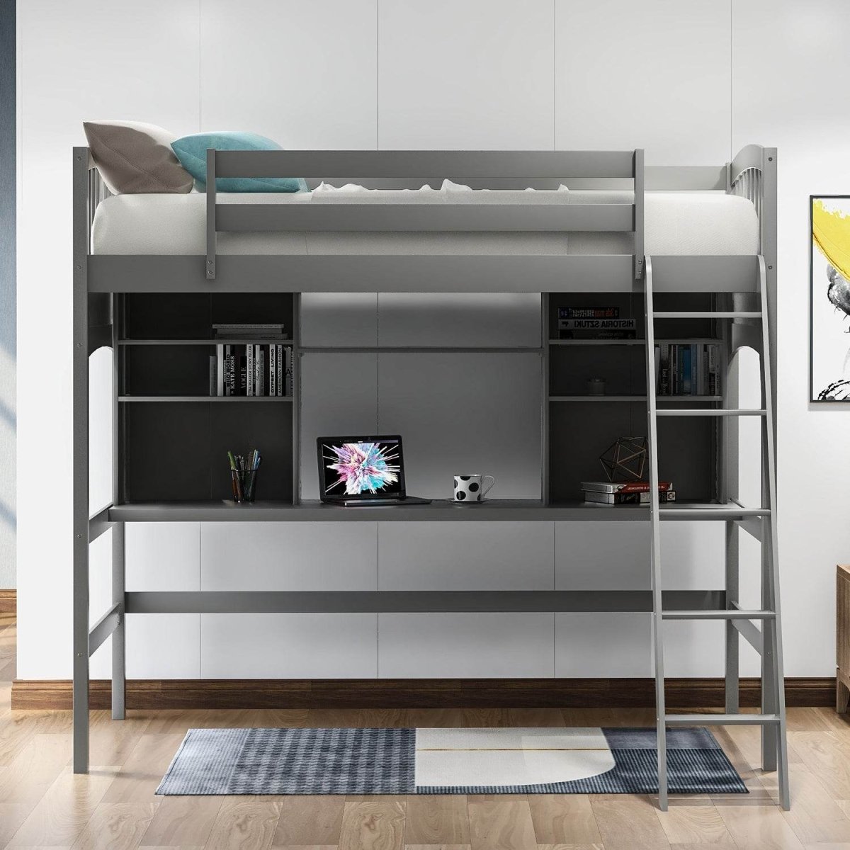 Twin Solid Wood Loft Bed With Desk and Storage Shelves - Blissora - Omega Lifestyles