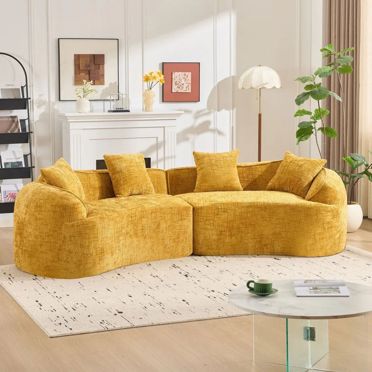 Yellow Curved 4-Seat Medium-Soft Chenille Sofa - Omega Lifestyles