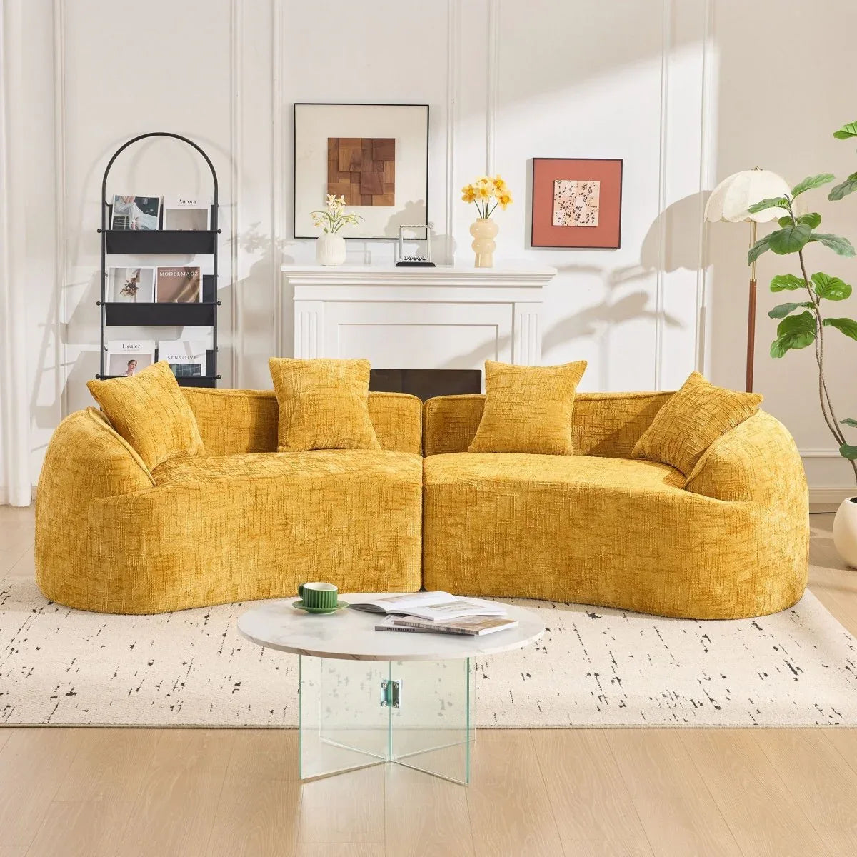 Yellow Curved 4-Seat Medium-Soft Chenille Sofa - Omega Lifestyles