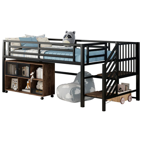 Twin Metal Low Loft Bed With Storage Cubby And Stairs - Omega Lifestyles