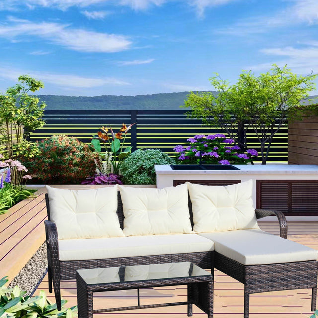 3-Piece Outdoor Brown Rattan Conversation Sofa Set With Cushions - Omega Lifestyles