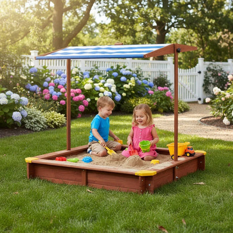 Wooden Kids Sandbox With Adjustable Canopy And Black Liner - Omega Lifestyles