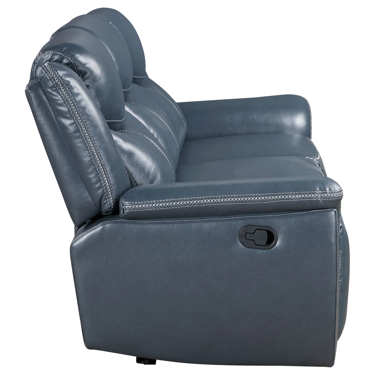 Blue Faux Leather Motion Reclining Sofa With Drop-Down Table - Omega Lifestyles
