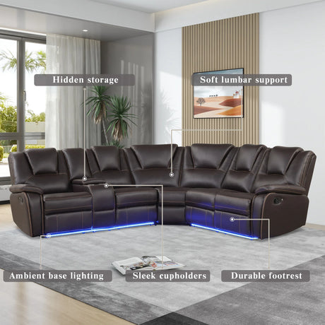 Modern Brown PU Leather Manual Reclining Sectional Sofa - Omega Lifestyles