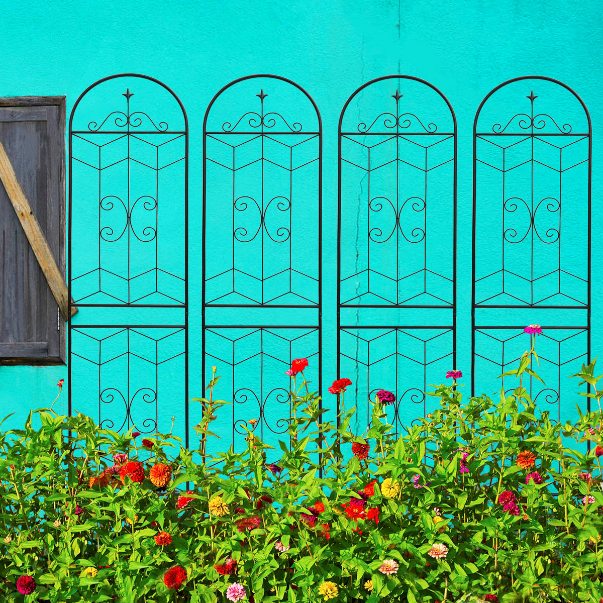 Set Of 4 Black Powder-Coated Metal Garden Trellis