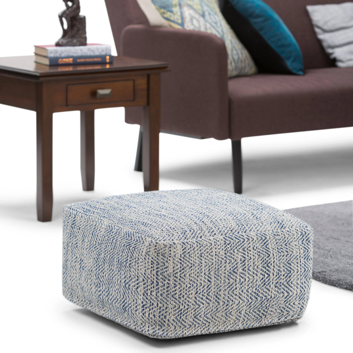 Light Blue Square Fabric Pouf With Polystyrene Filling - Omega Lifestyles