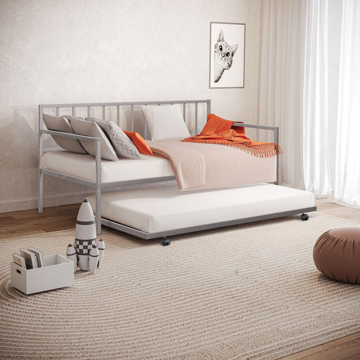 Twin Contemporary Silver Metal Daybed With Trundle Mattress Ready - Omega Lifestyles