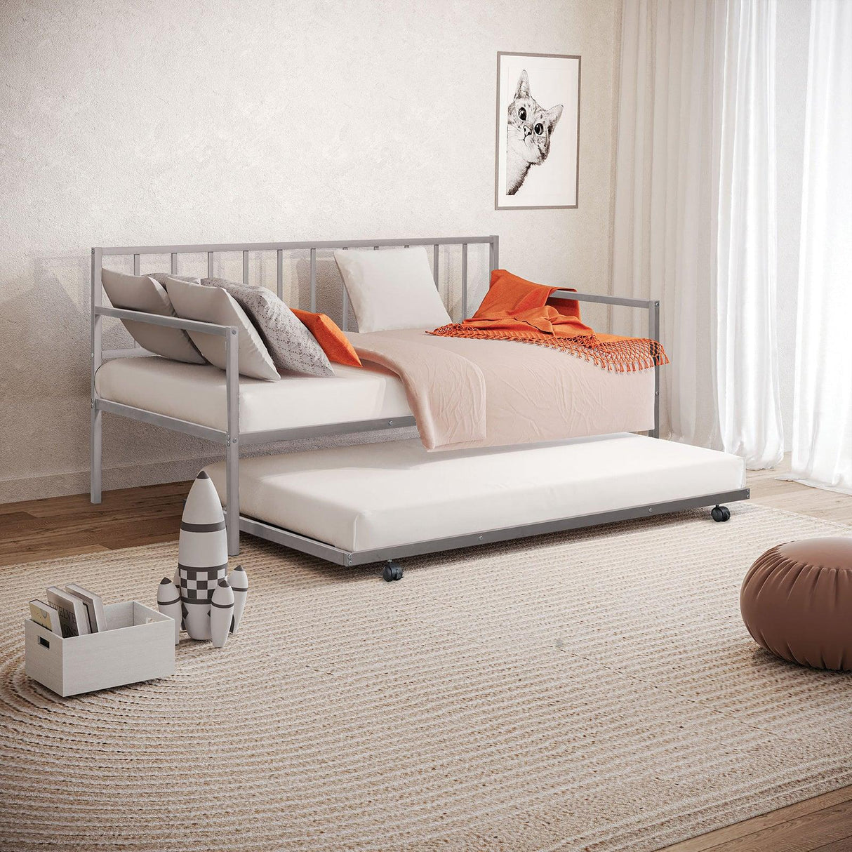 Twin Contemporary Silver Metal Daybed With Trundle Mattress Ready - Omega Lifestyles