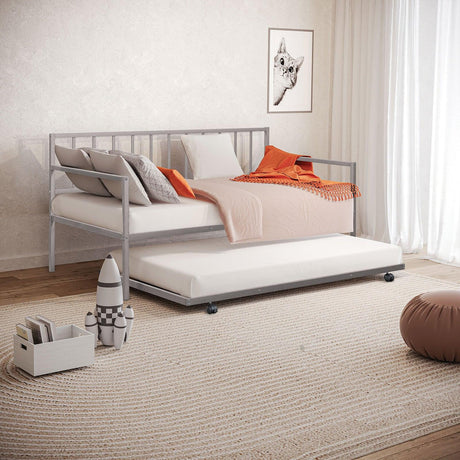 Twin Contemporary Silver Metal Daybed With Trundle Mattress Ready - Omega Lifestyles