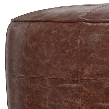 Distressed Brown Genuine Buffalo Leather Round Pouf - Omega Lifestyles