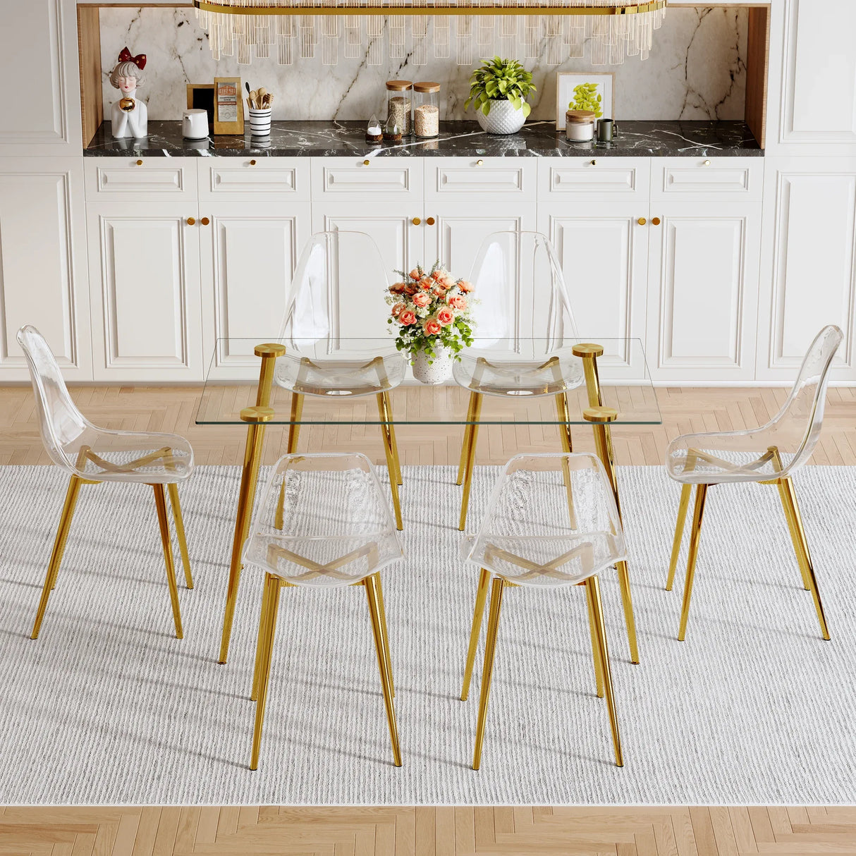Modern Tempered Glass Dining Table And 6 Gold Chairs Set - Omega Lifestyles