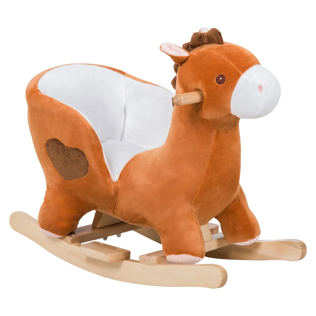 Plush Brown Soft Kids Ride-On Wooden Rocking Horse - Omega Lifestyles